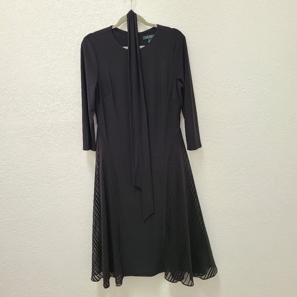 LAUREN RALPH LAUREN Satin-Trim Midi Fit & Flare Dress in Black - Picture 7 of 8